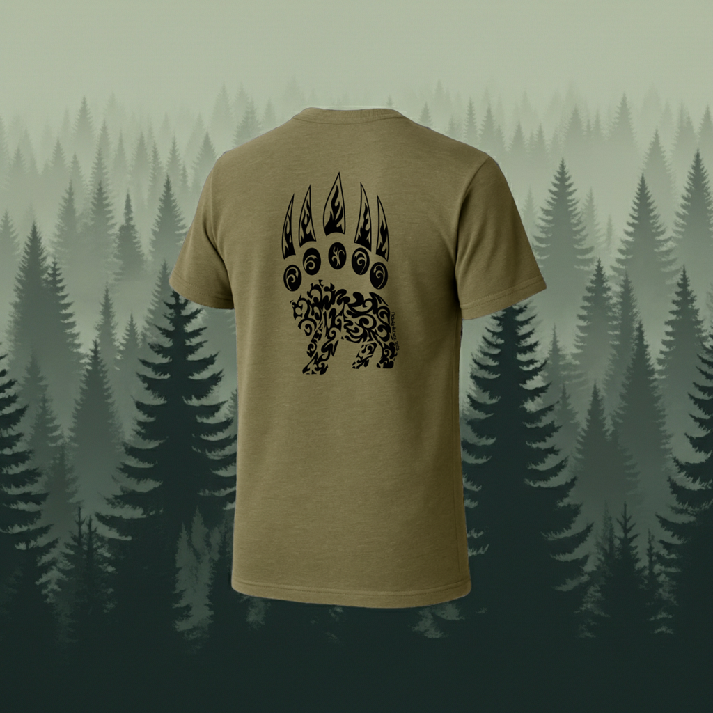 Military Green t-shirt with hand-drawn bear paw design on the back against a forest background