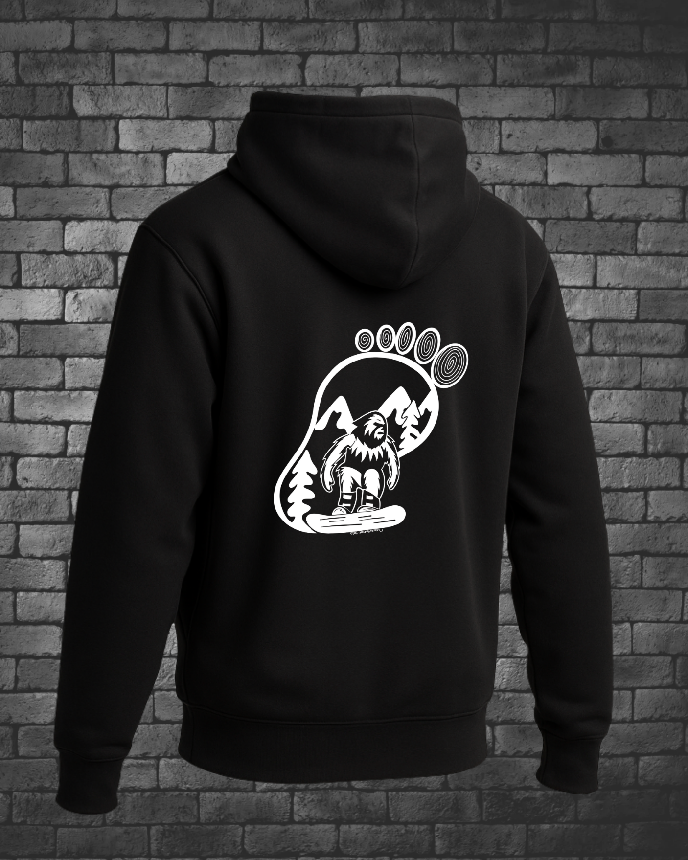 Bigfoot Snowboarding in lined image of a Bigfoot with mountains and trees