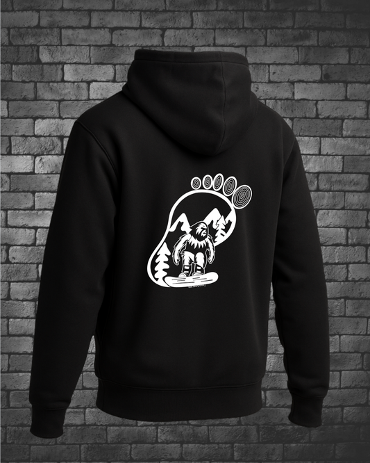 Bigfoot Snowboarding in lined image of a Bigfoot with mountains and trees