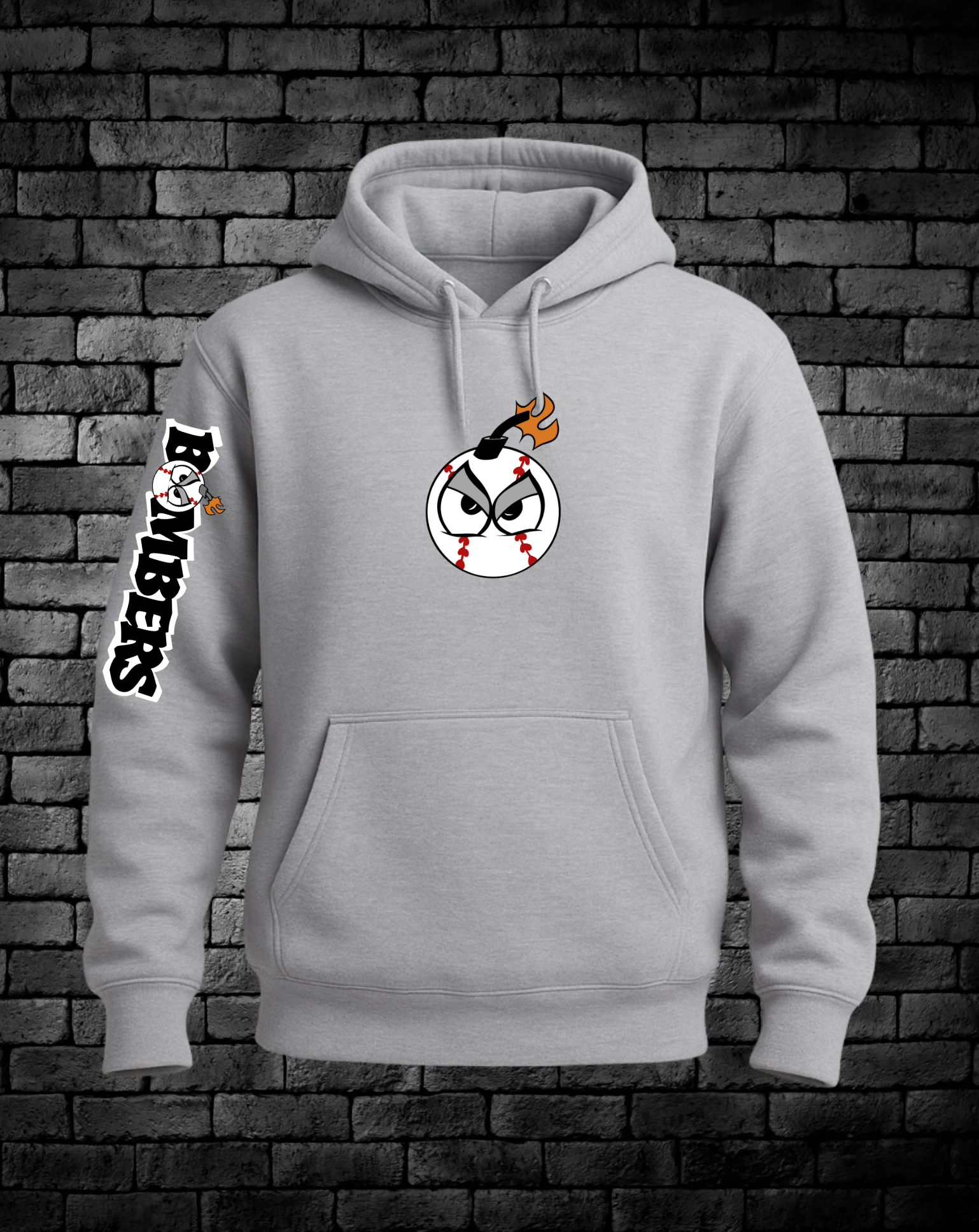 Bomb Guy Front Center Chest - Bombers down right sleeve