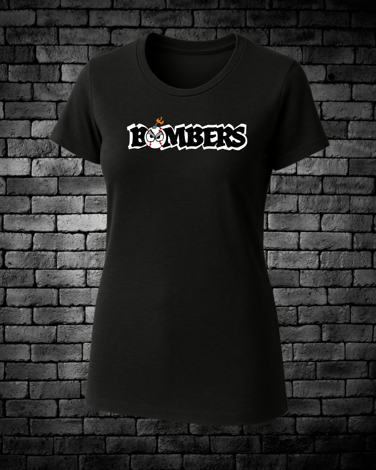 Black t-shirt with 'Bombers' logo on a brick wall background