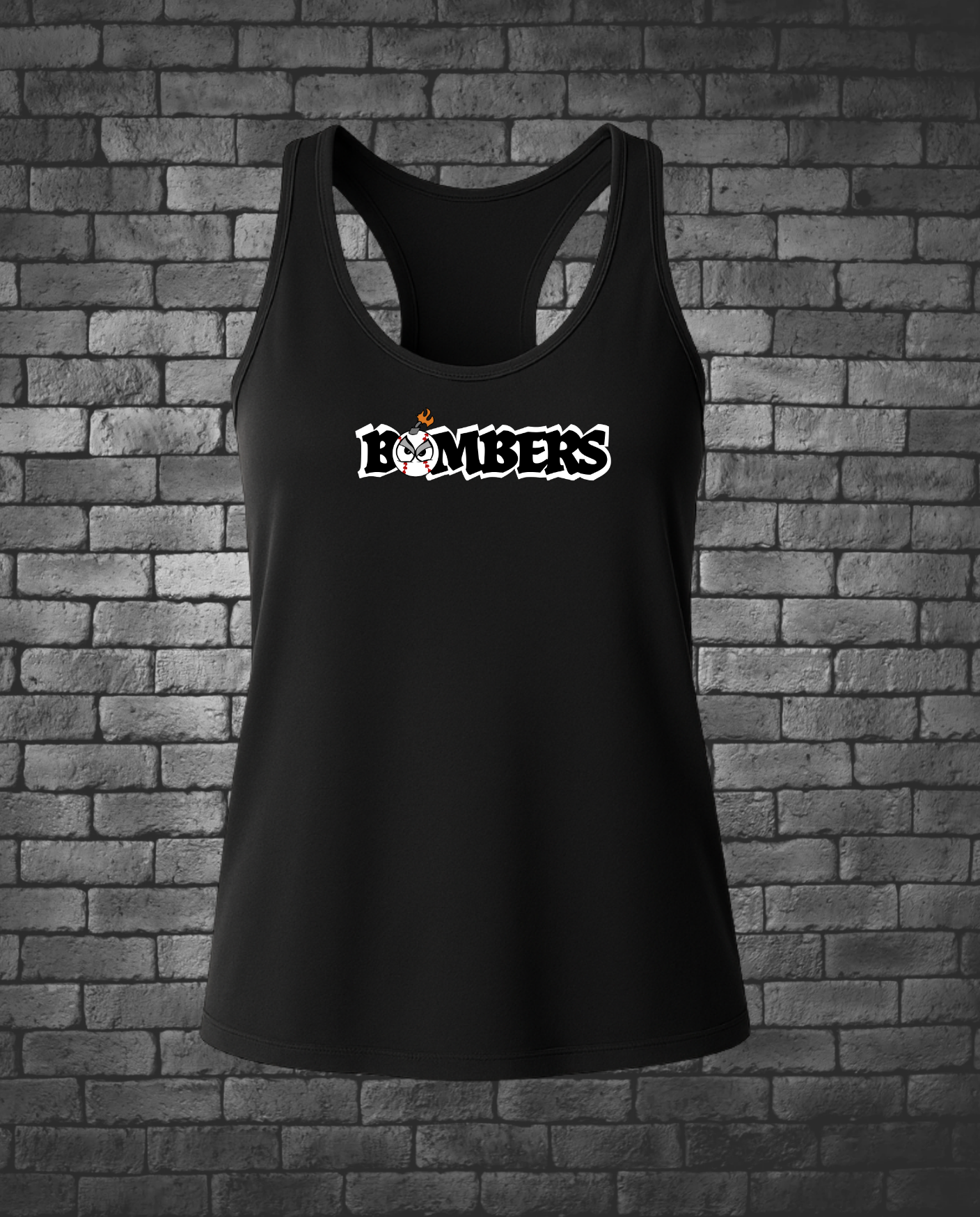 Black tank top with 'BOMBERS' logo on a brick wall background
