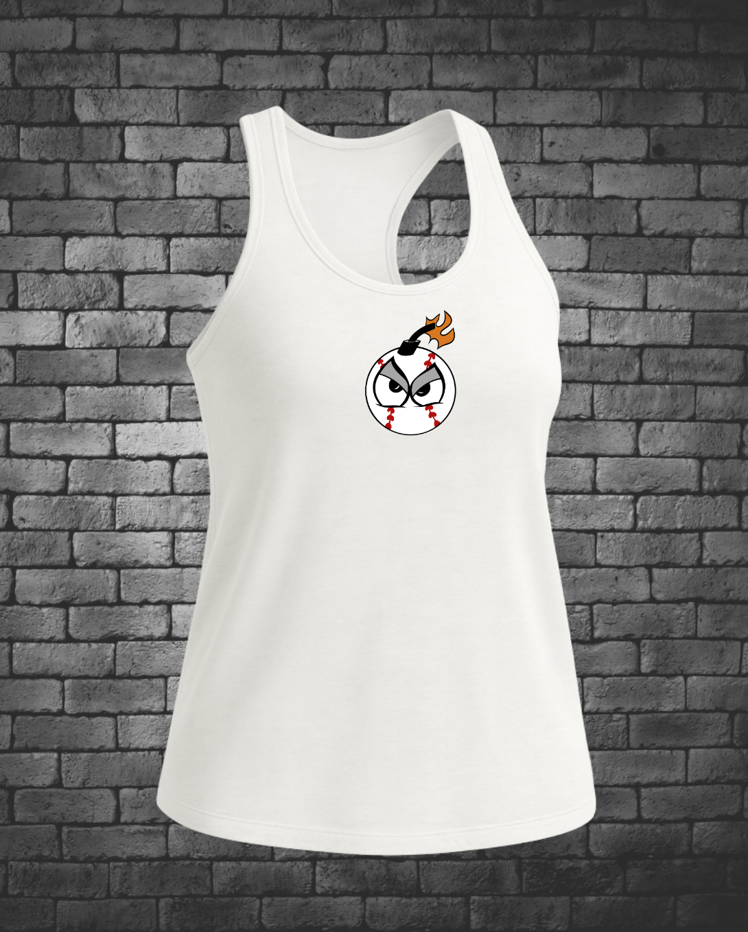 Bomb Logo front center chest on white tank top