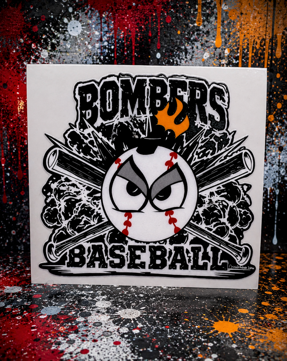 Bombers Baseball UV decal sticker featuring an hand-drawn baseball mascot with crossed bats and explosive graphic artwork, displayed against a bold graffiti-style street-art background with red, black, orange, and white paint splatters.