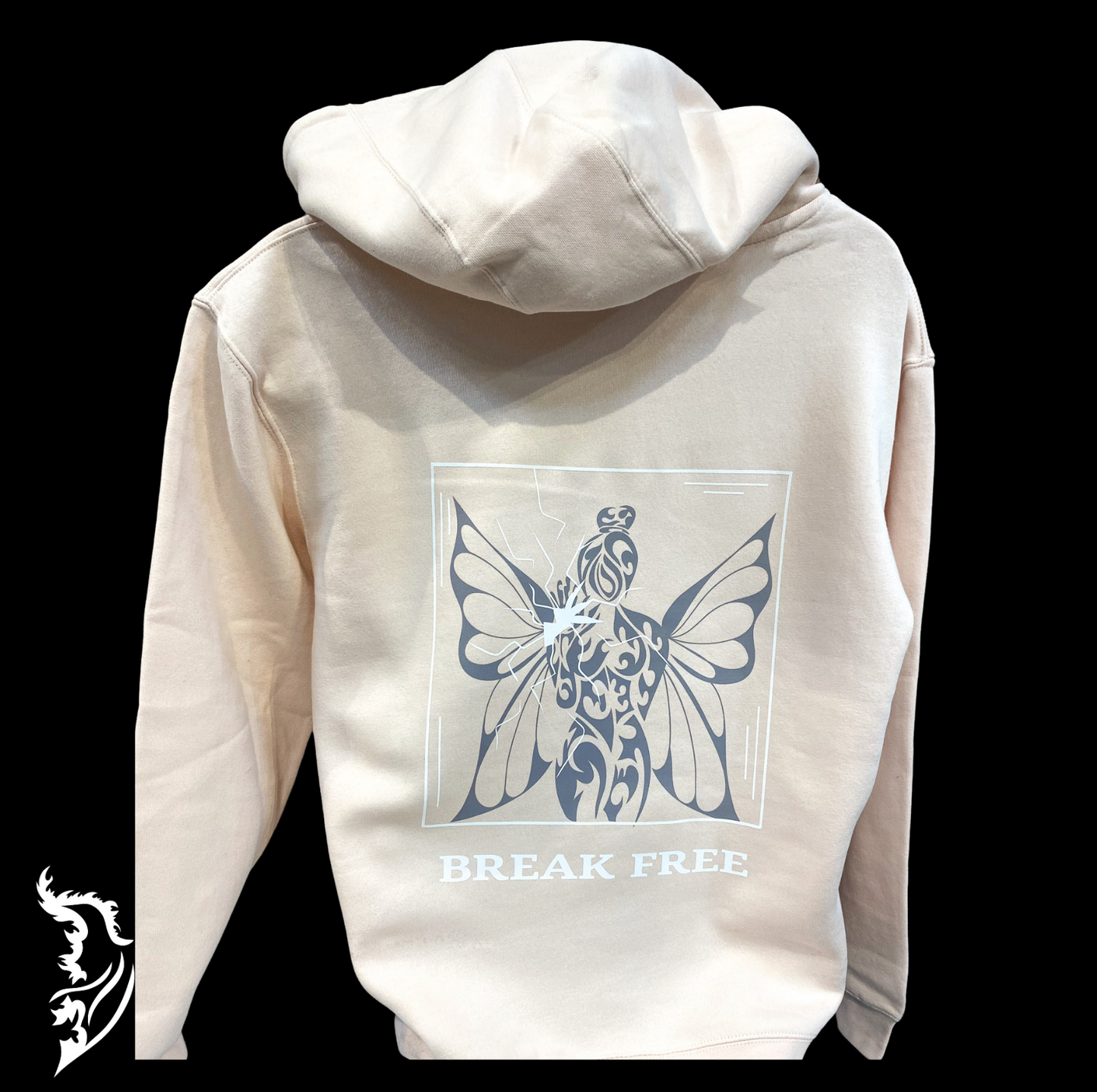 A hand-drawn hoodie featuring the phrase "Break Free" surrounded by artistic illustrations symbolizing freedom and personal growth. The imagery conveys empowerment and the idea of unlocking one's true potential.