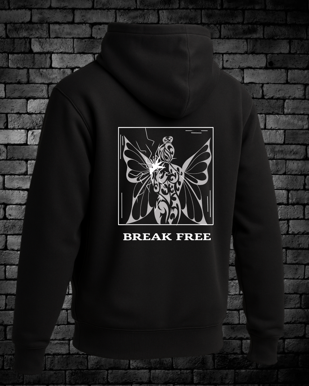Hand-drawn Design of Fairy with wings breaking through glass - Break Free in White Letters under design
