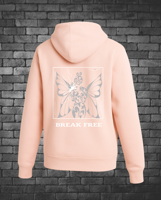 Pale Pink Hoodie with Hand-drawn Butterfly Fairy break through glass with Break Free written in White underneath