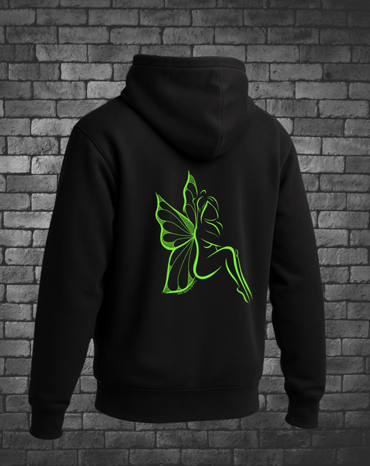 Hand-drawn butterfly wings on fairy in bright green on black hoodie