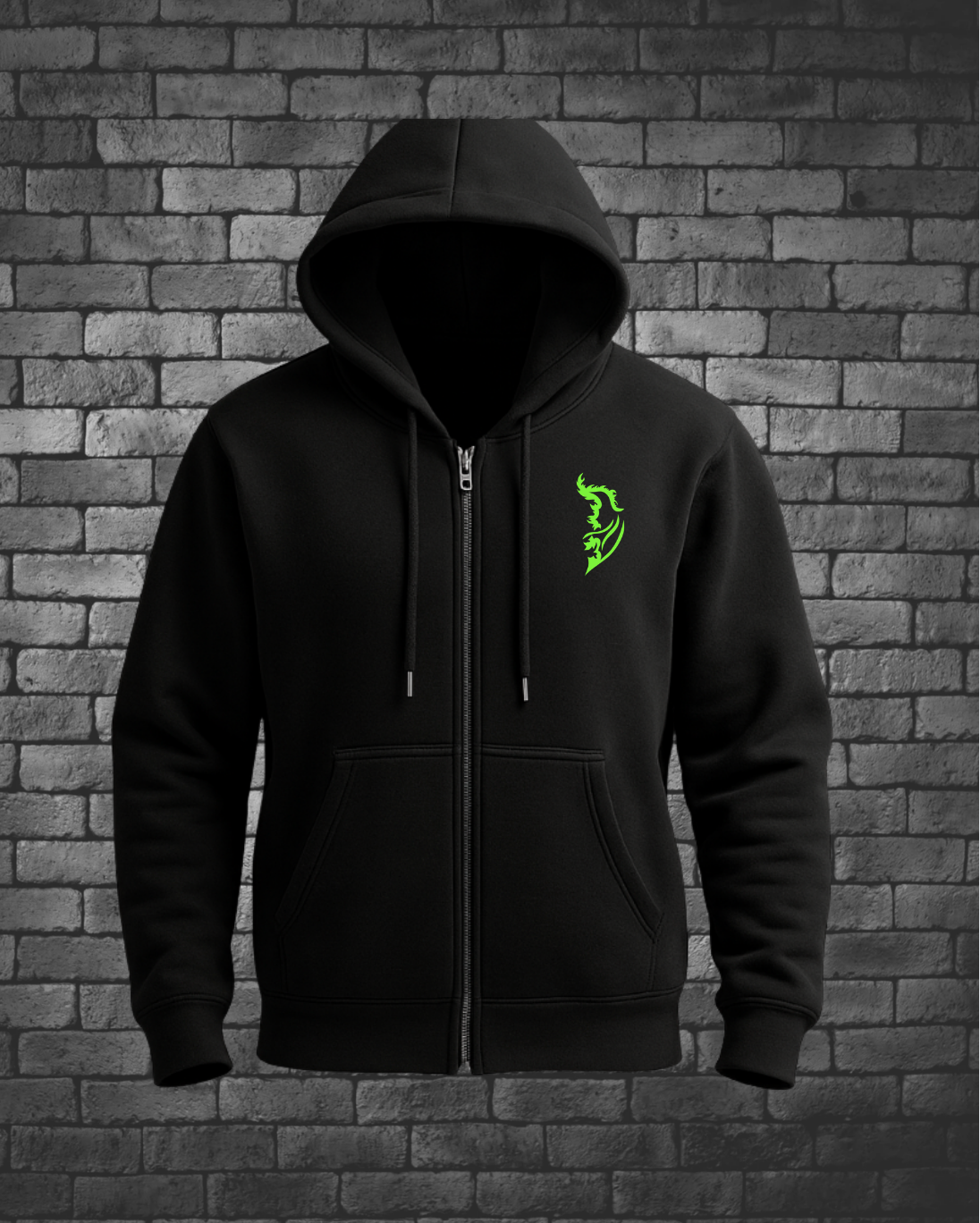 Bright Green Angel Wing Logo on front left chest