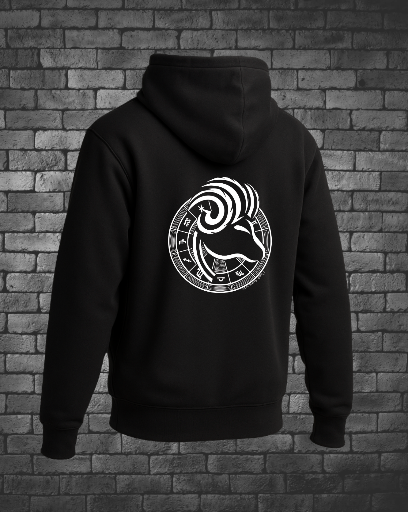 White hand-drawn Capricorn Design on back center of hoodie