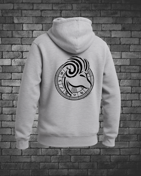 Hand-drawn Capricorn Zodiac sign in black on back center of the hoodie