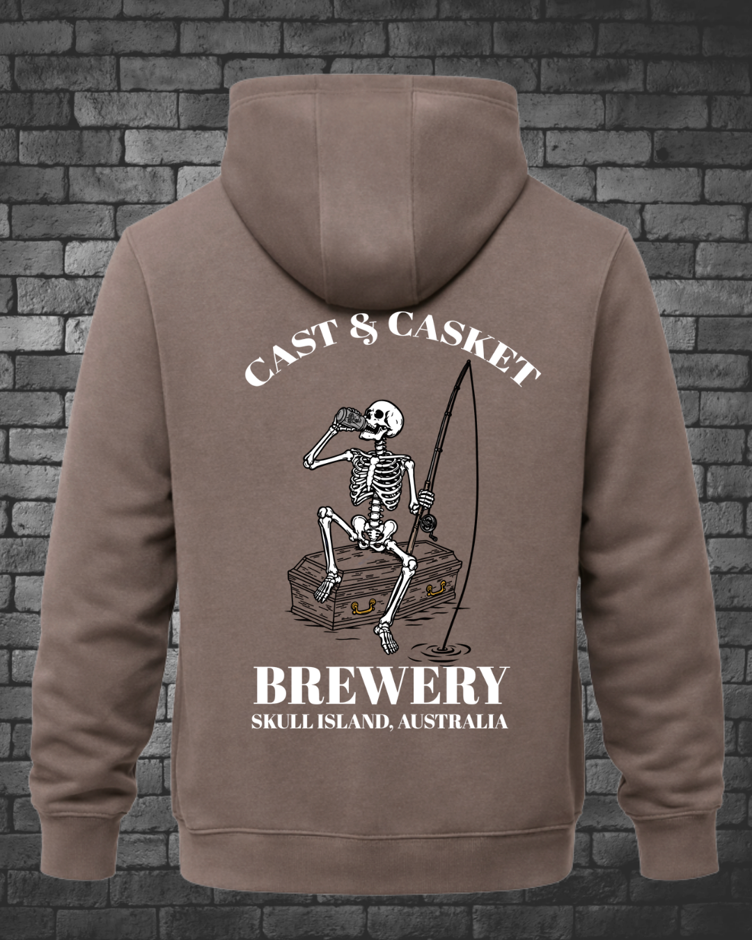 Back view of a brown Cast & Casket Brewery hoodie featuring a skeleton drinking a beer while fishing from a casket.