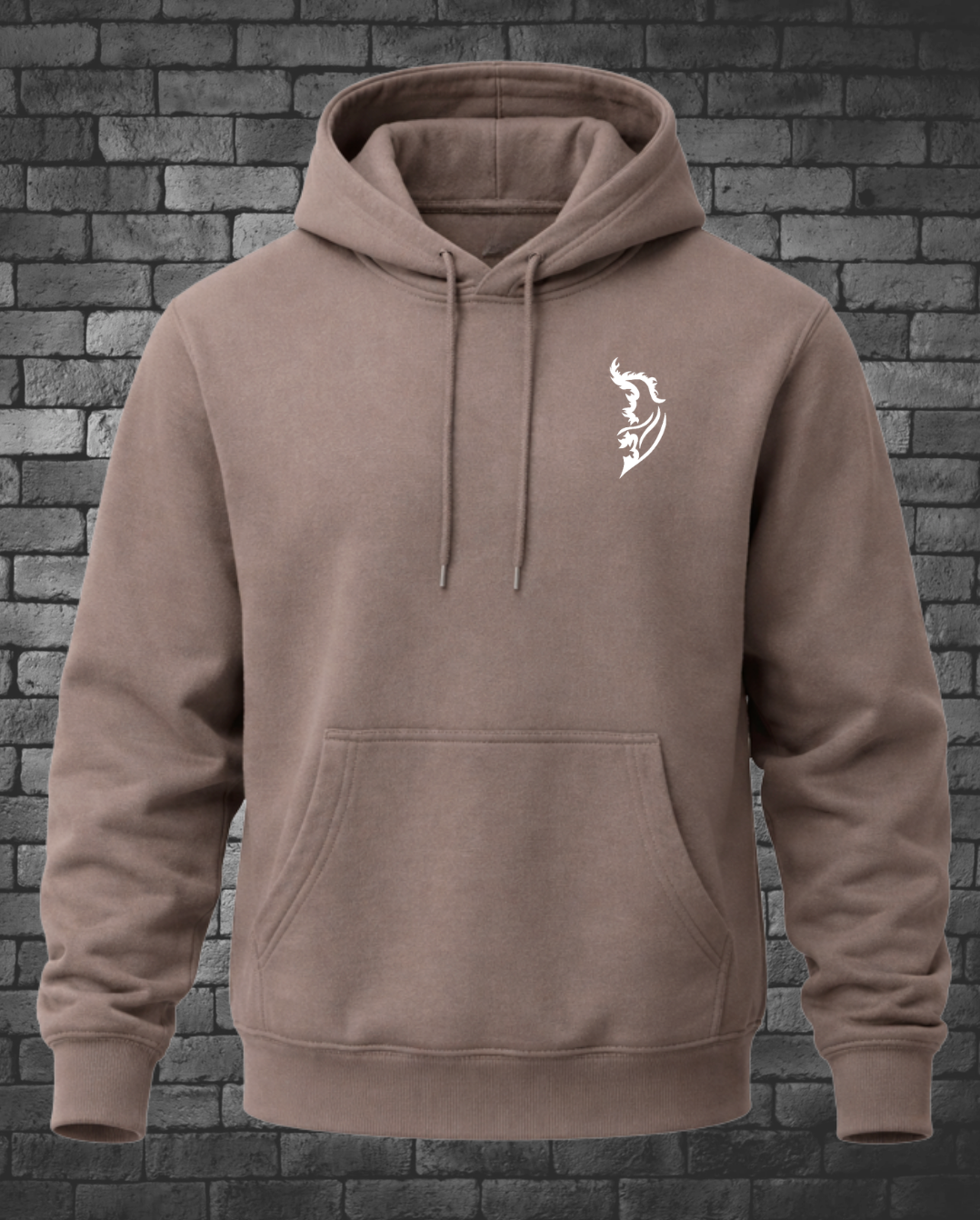 Front view of a brown Cast & Casket Brewery pullover hoodie featuring a white Angel Wing Logo on the front left chest.