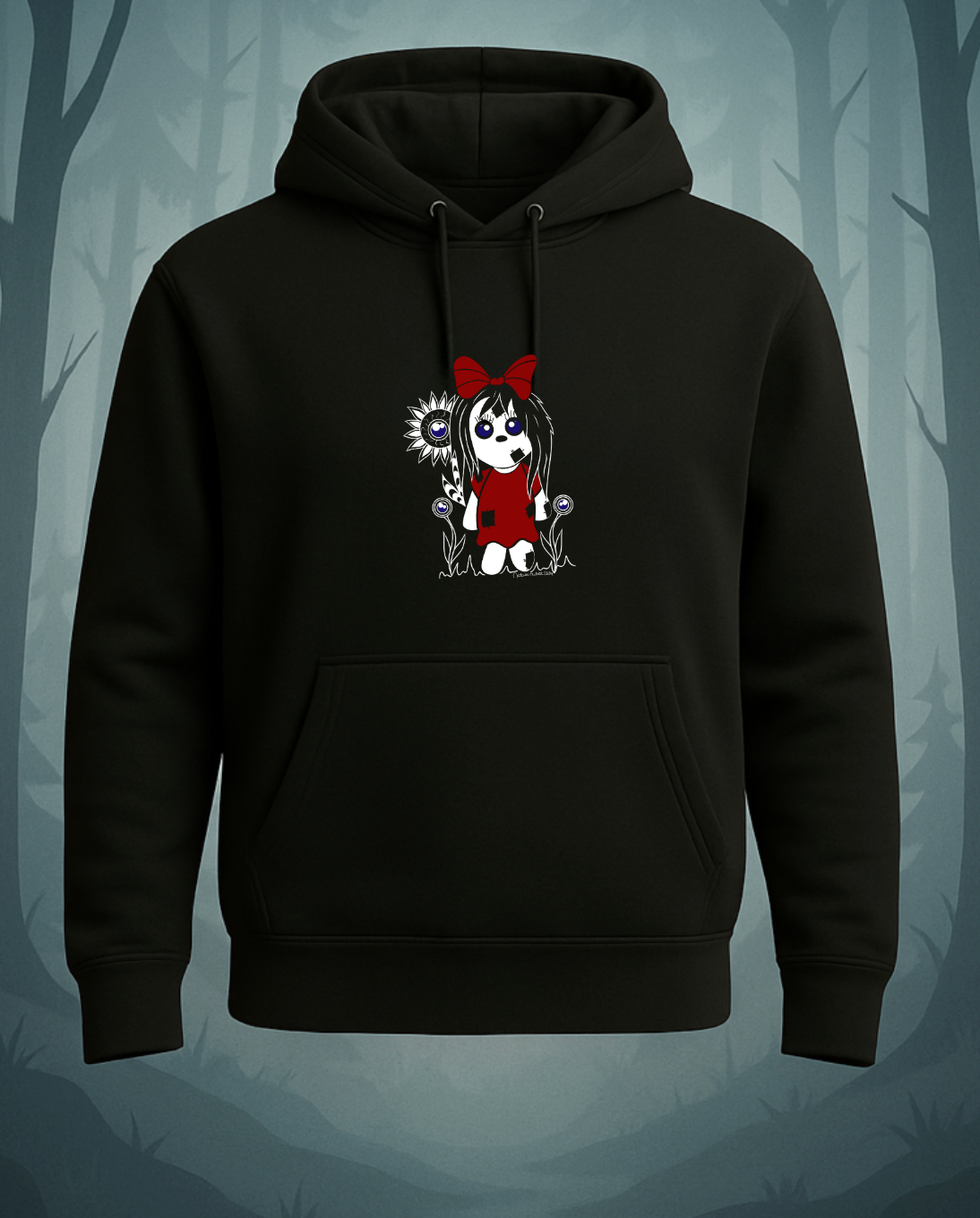 Black hoodie with a hand-drawn cute creepy doll with eye flowers on a dark forest background