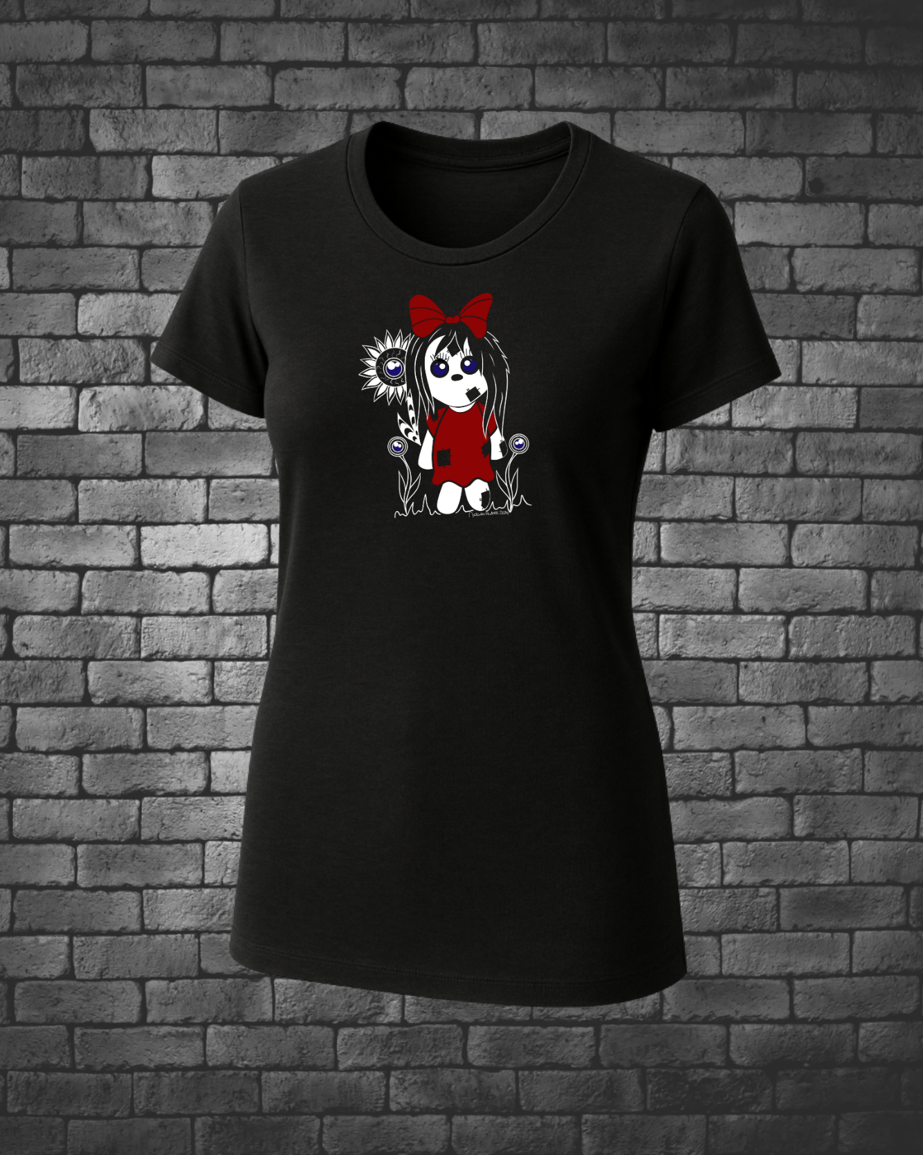 Hand-drawn Cute - Creepy Doll with red dress and bow standing next to flowers made of eyes