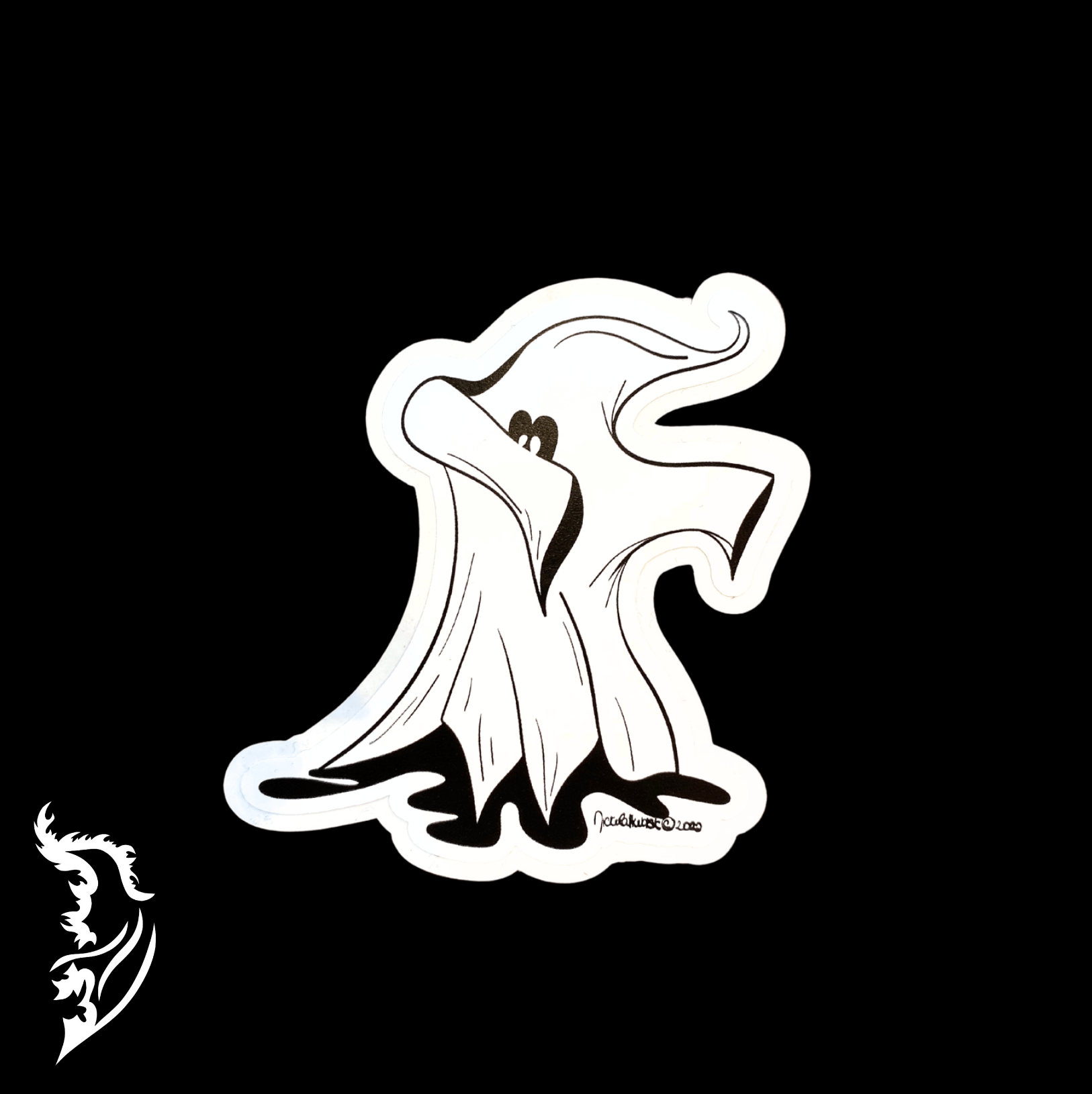 Hand-drawn white ghost vinyl sticker featuring a playful ghost mid-dab pose on a black background. 