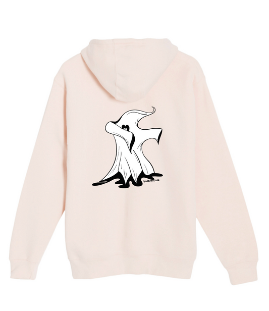 Hand-drawn Dabbing Ghost on back center of hoodie
Color: black and white