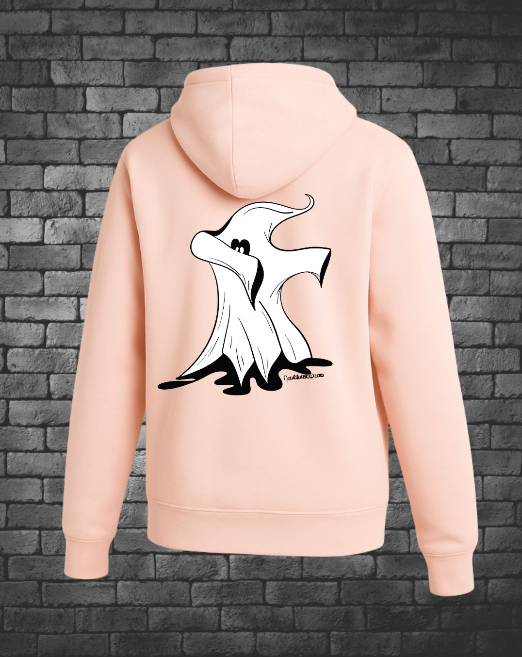 Hand-drawn Dabbing Ghost on back of pale pink hoodie