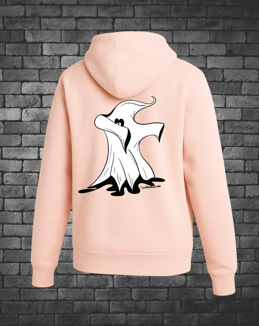 Hand-drawn Dabbing Ghost on back of pale pink hoodie