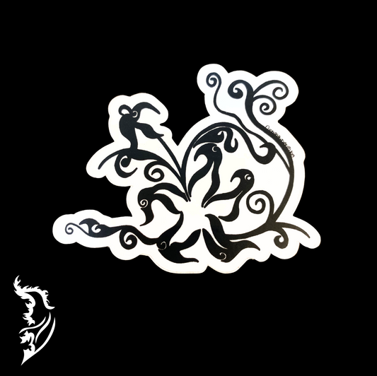 Black-and-white hand-drawn floral vinyl sticker with swirling, flowing petal design on a dark background.