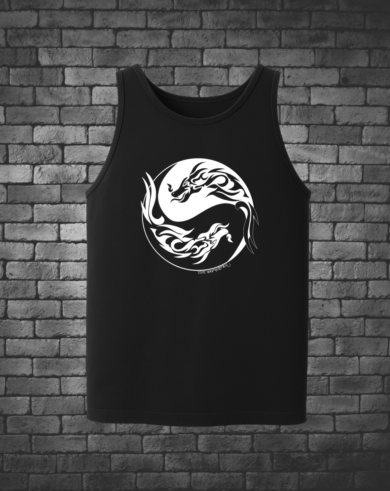 Hand-drawn Dragon Yin & Yang in white on back center of tank top