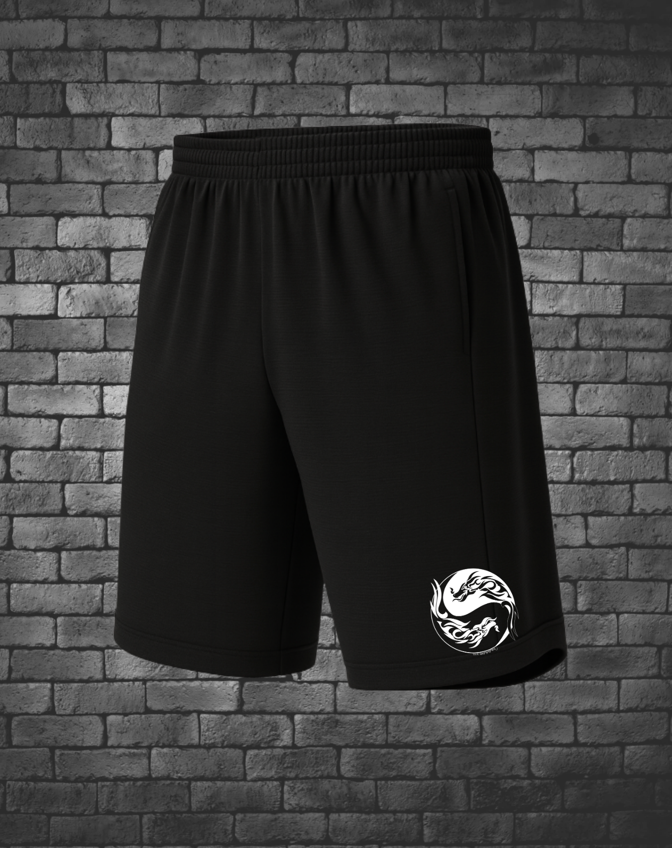 Black Athletic Shorts with White Dragon Yin & Yang on bottom right corner