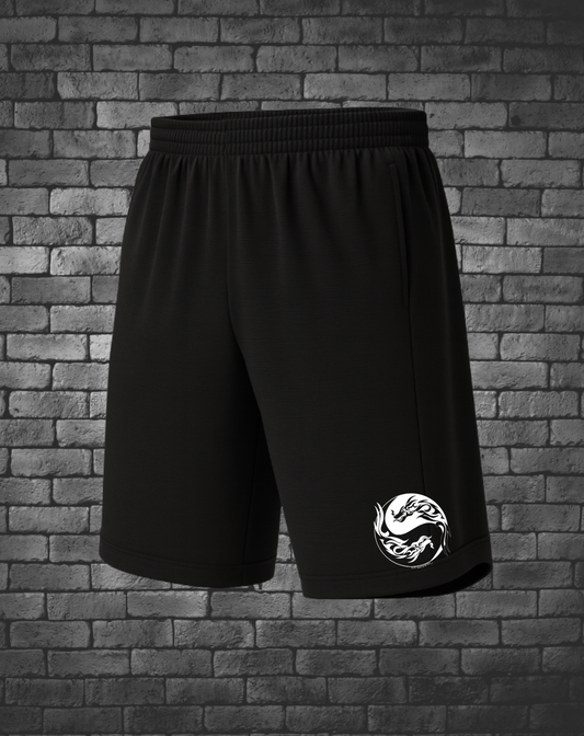 Black Athletic Shorts with White Dragon Yin & Yang on bottom right corner