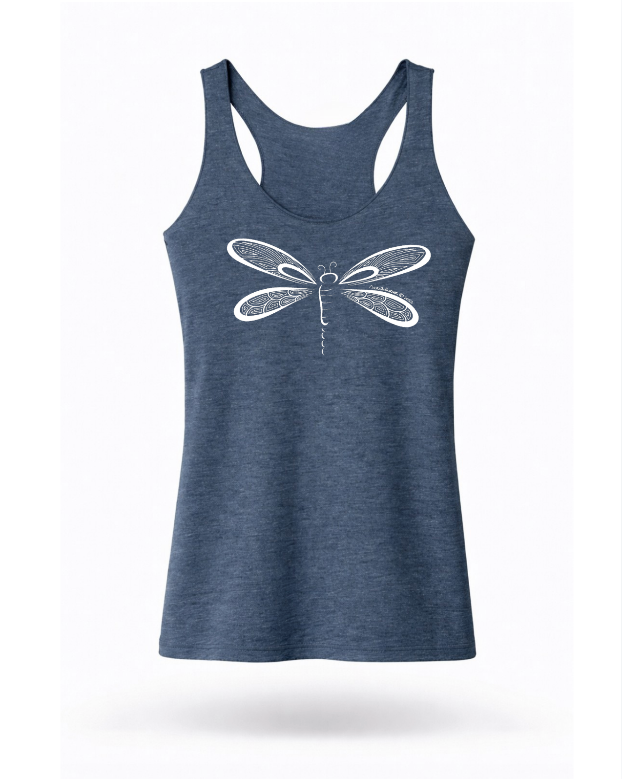 White Hand-drawn Dragonfly on front chest of vintage navy blue tank top