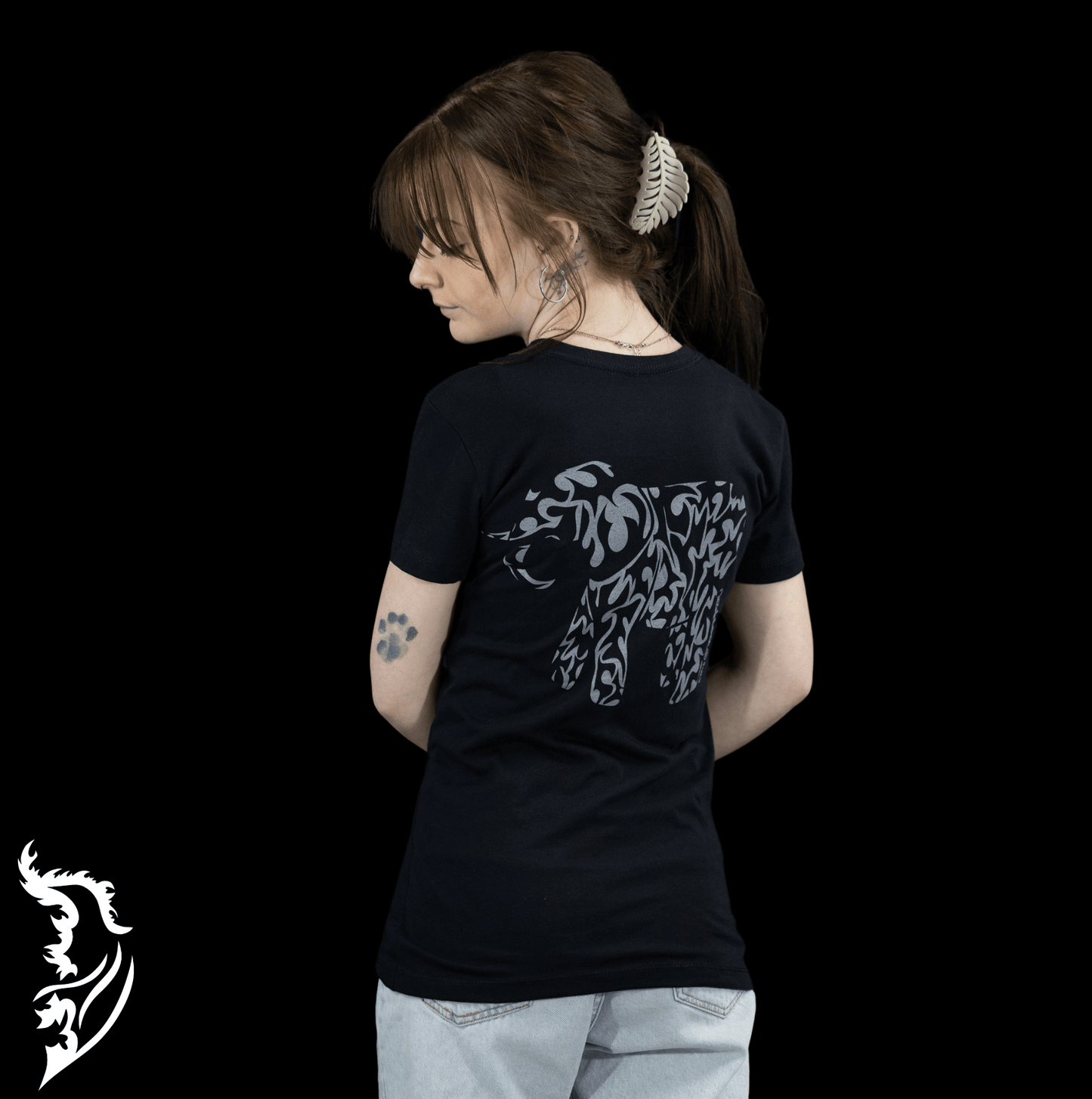 Hand-drawn Grey tribal styled elephant on back center of black t-shirt