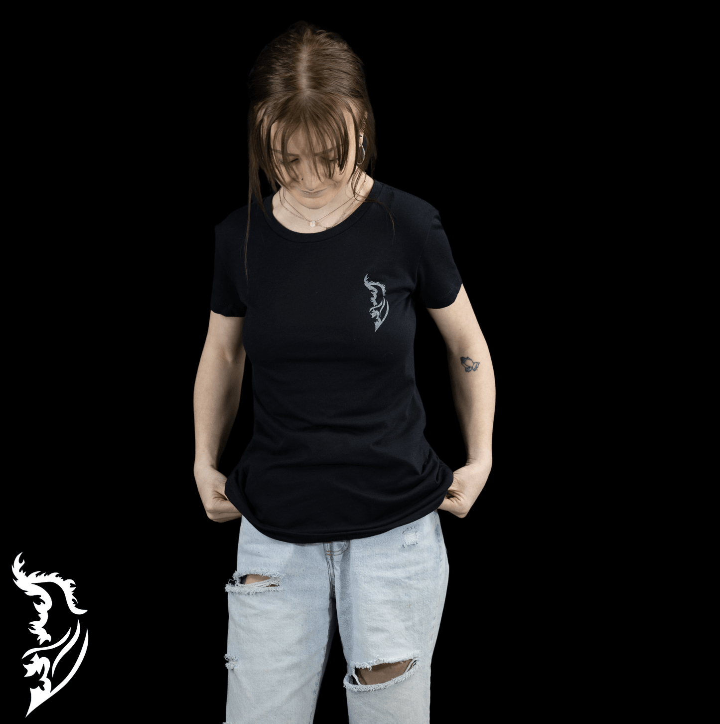 Grey Angel Wing Logo on front left chest of black t-shirt