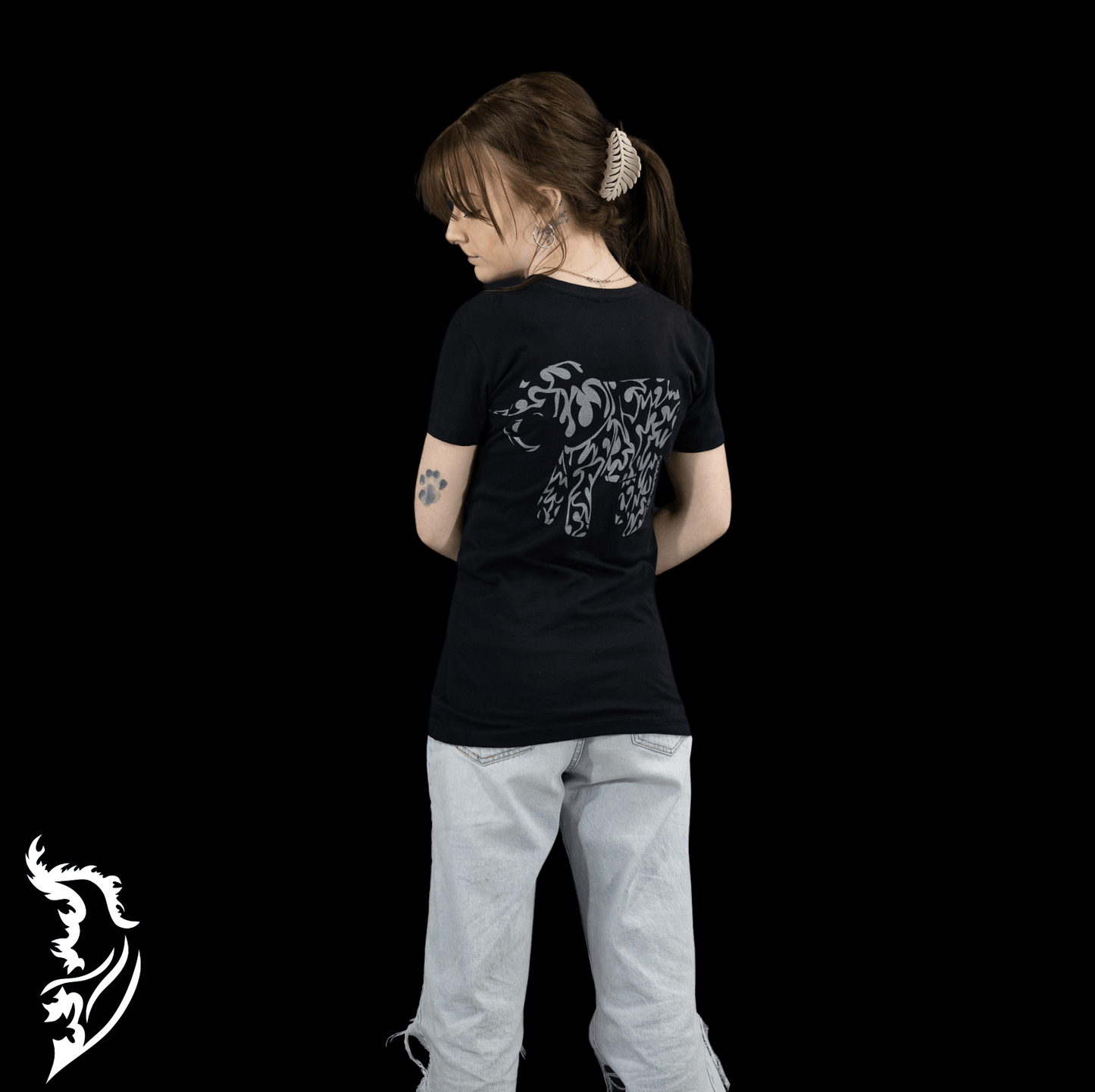 Hand-drawn Grey tribal styled elephant on back center of black t-shirt
