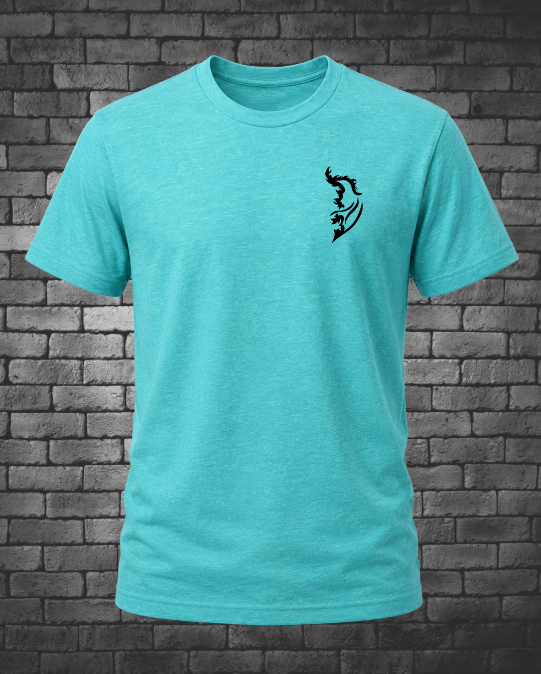 A Tahiti blue short-sleeve crewneck t-shirt with a small Angel Wing Logo on the left chest, displayed against a dark gray brick wall background.