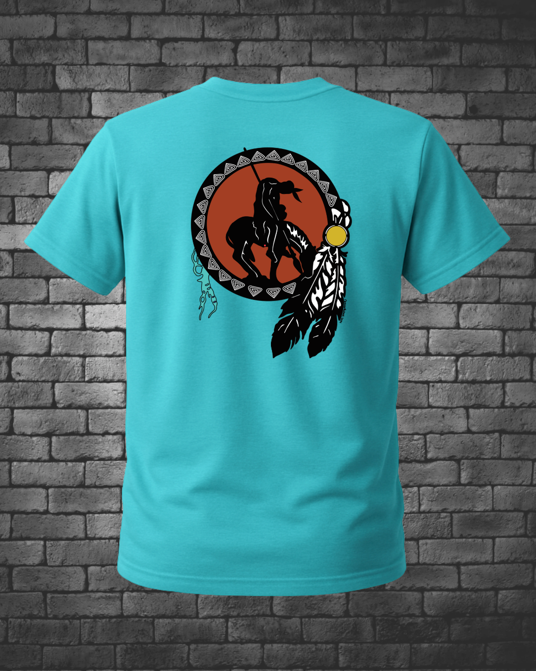 Back view of turquoise men’s T-shirt featuring a hand-drawn End of the Trail rider and horse design with feathers and circular details.