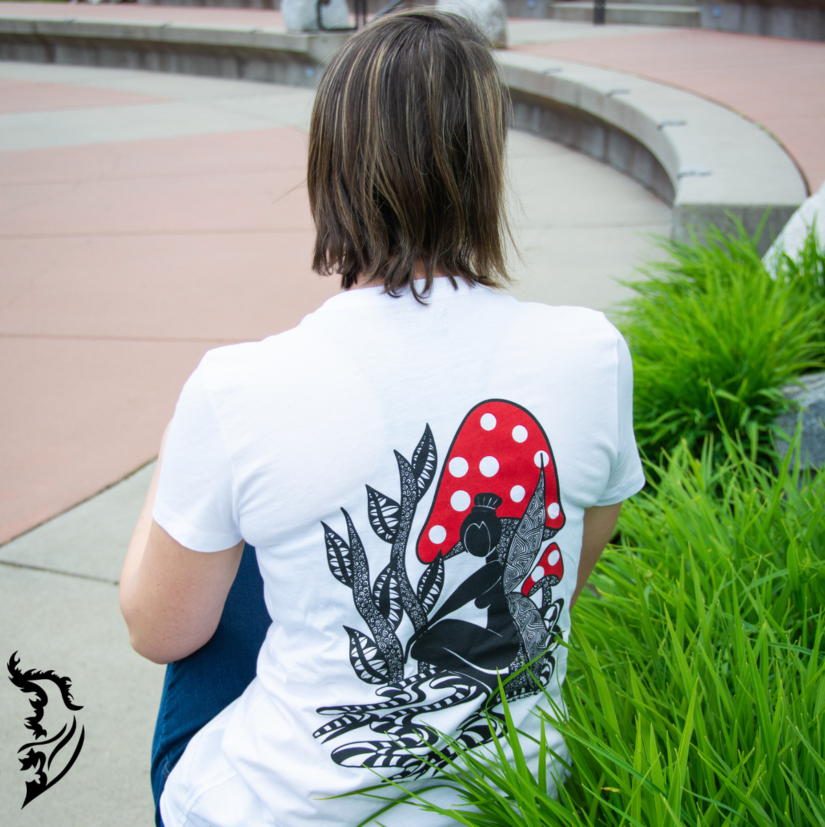 Hand-drawn Fairy with mushrooms on back of white t-shirt