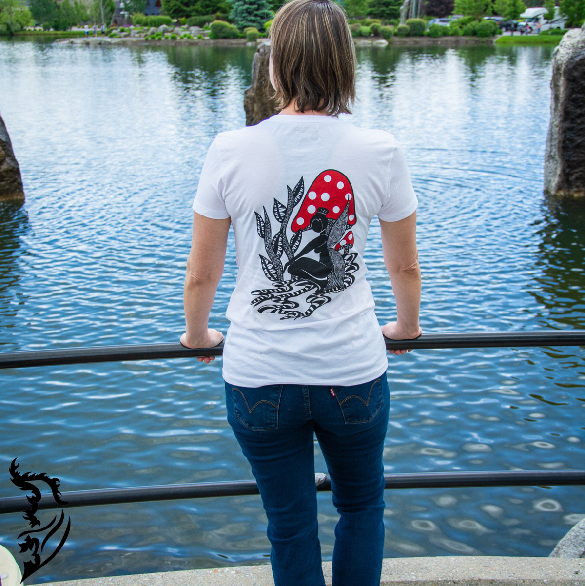 Hand-drawn Fairy with mushrooms on back of white t-shirt