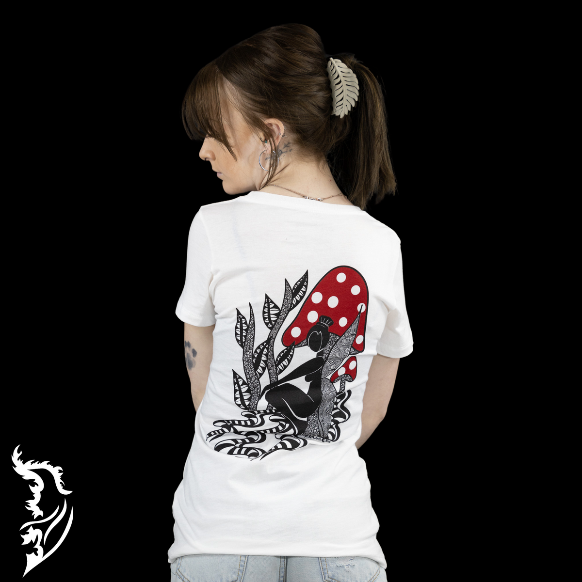 Hand-drawn Fairy with mushrooms on back of white t-shirt
