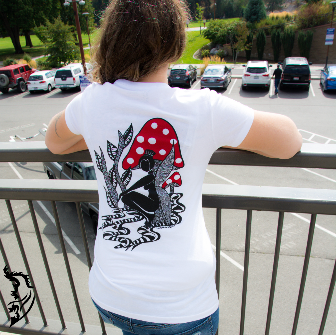 Hand-drawn Fairy with mushrooms on back of white t-shirt
