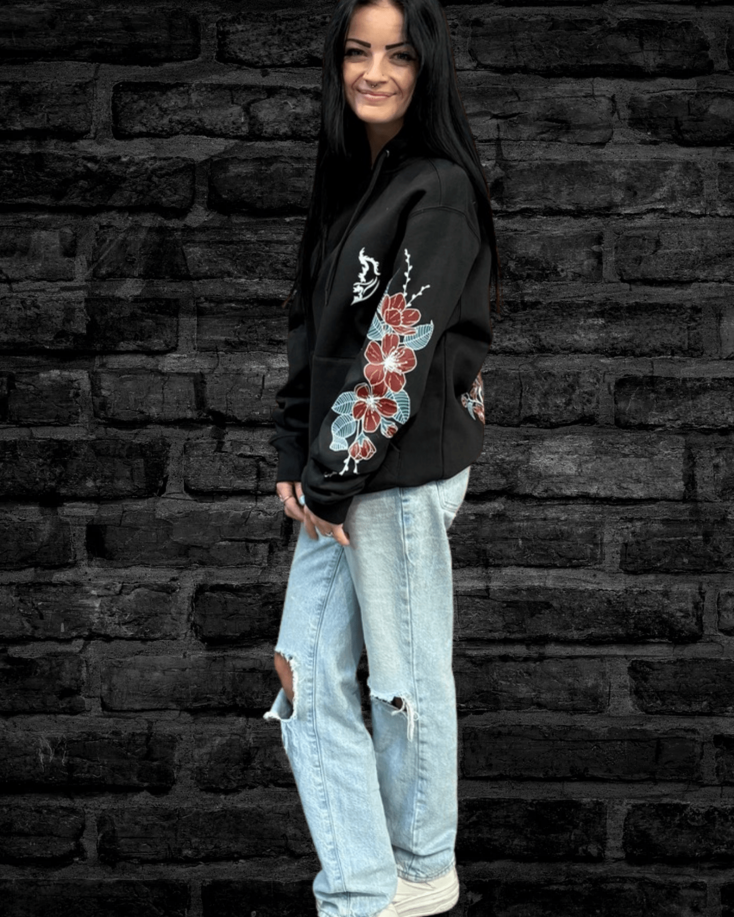 Side View of Cherry Blossoms down left sleeve of hoodie