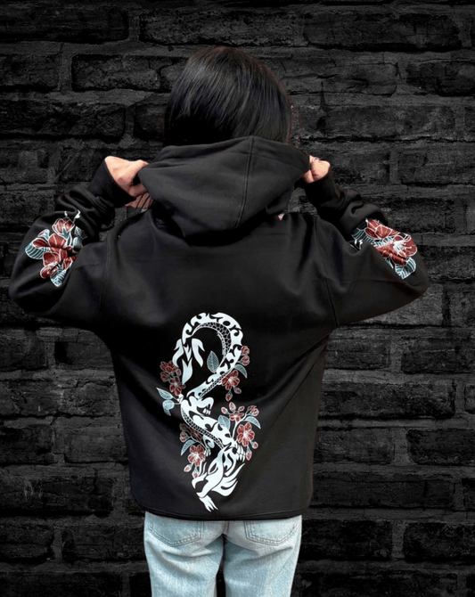 Hand-drawn Dragon with Cherry Blossoms down center back of hoodie. Cherry Blossoms down each sleeve