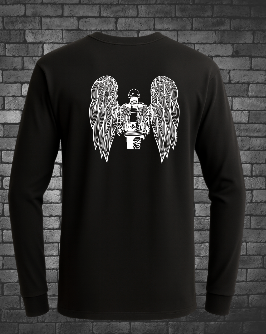 Hand-drawn Fire Fighter in gear with Angel Wings in white in back center of black long sleeve