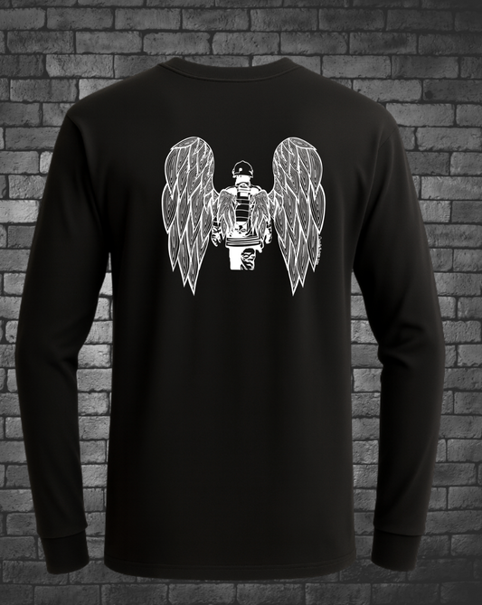 Hand-drawn Fire Fighter in gear with Angel Wings in white in back center of black long sleeve