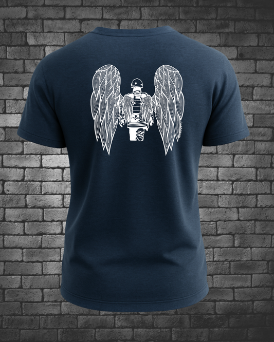 White Lined Drawn Fire Fighter with Angel Wings on back of Midnight-Navy T-Shirt