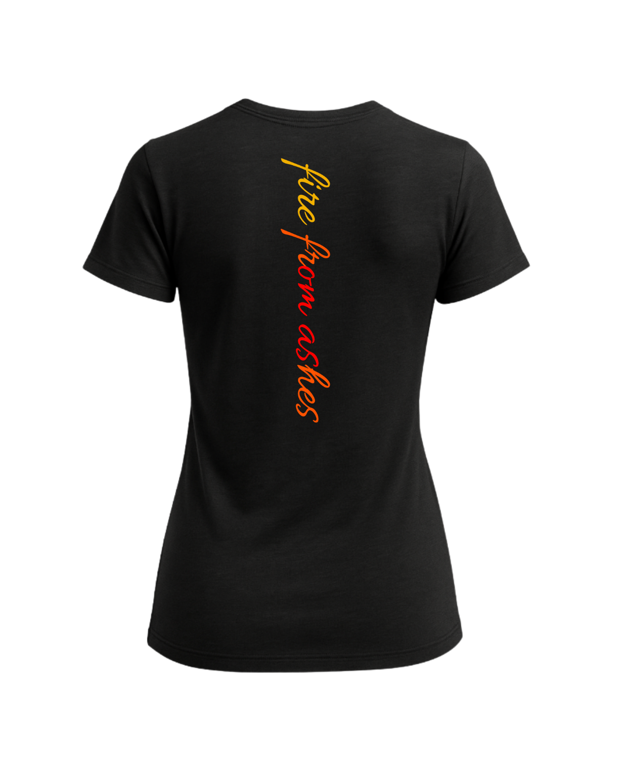 Black t-shirt with 'fire from ashes' text on the back against a white background