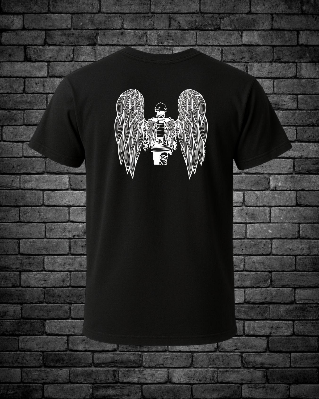 White Lined Drawn Fire Fighter with Angel Wings on back of Black T-Shirt