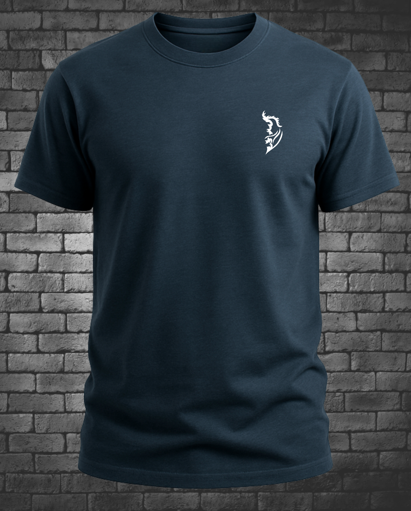 White Angel Wing logo on left chest on Mid-night Navy T-Shirt