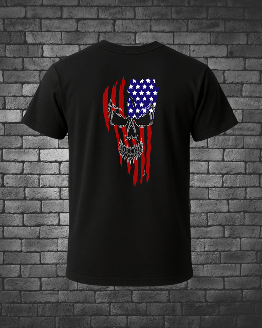 Hand-drawn Flag & Skull on Back of T-Shirt
Colors: Red, White & Blue
