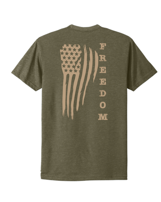 Tan American Flag with Freedom written down right size
Tan American Flag on Right shoulder
Shirt Color: Military Green