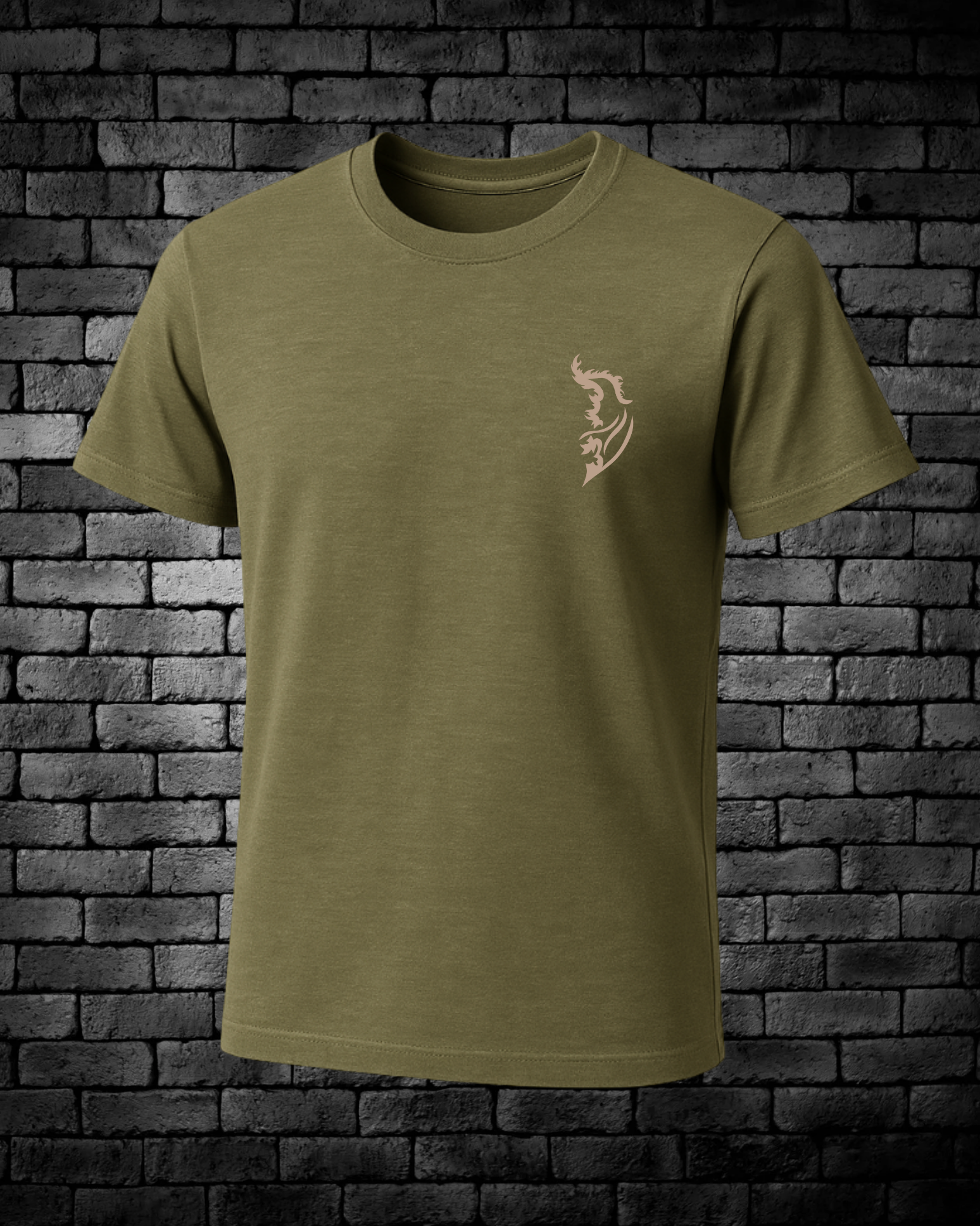Tan Angel Wing Logo on front left chest on military green t-shirt