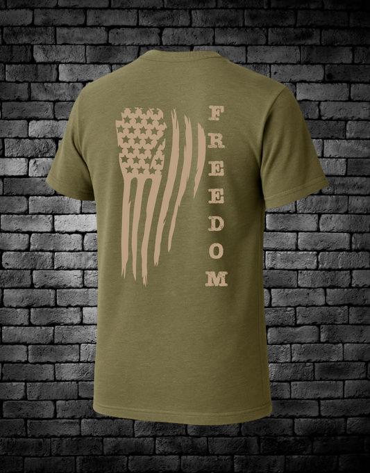 Tan American Flag with Freedom written down right size
Tan American Flag on Right shoulder
Shirt Color: Military Green
