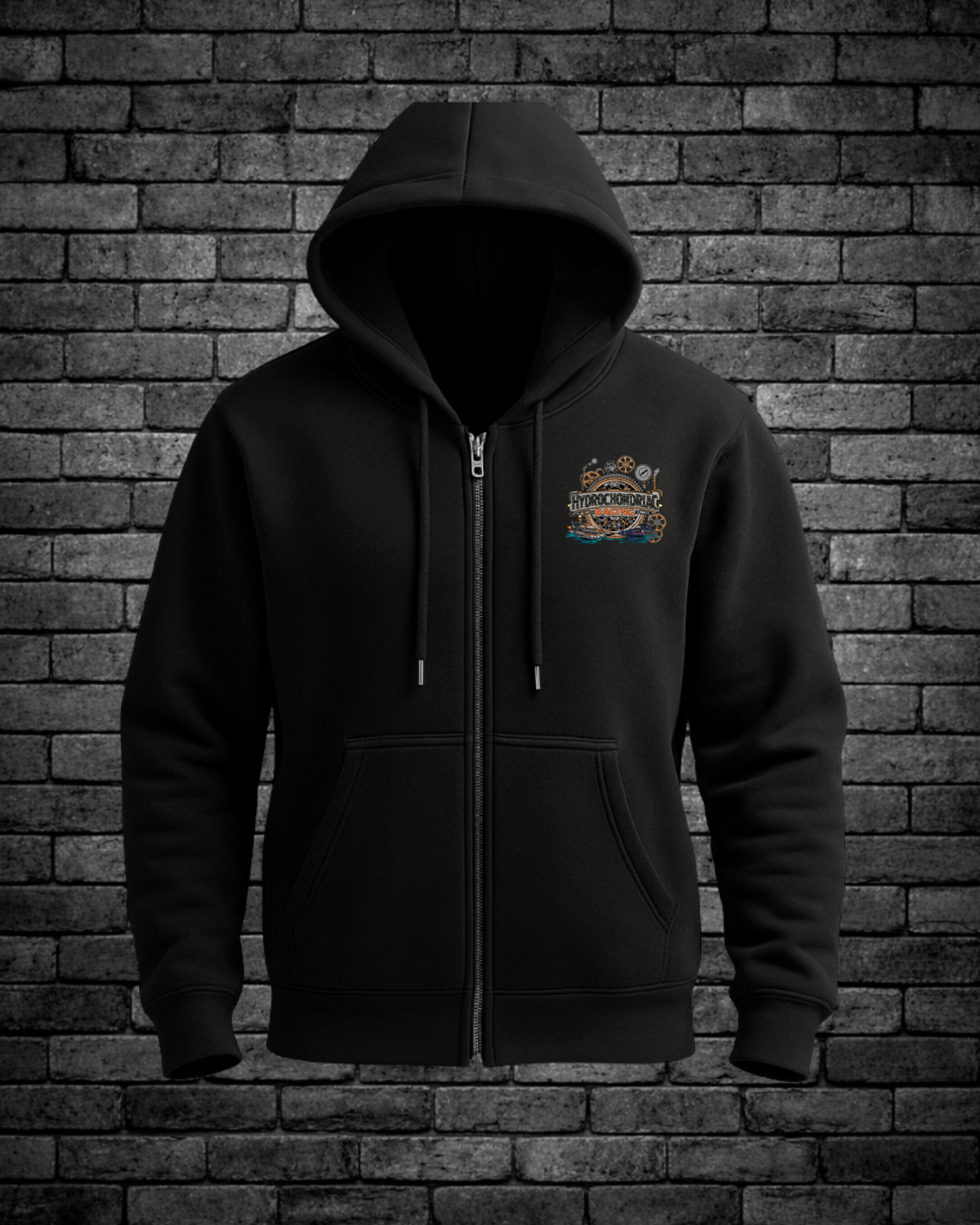 Black zip hoodie with a Hydrochondriac Steampunk logo on front left chest